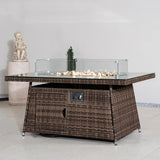 6-Seater Outdoor Rattan Fire Pit Table - Rectangular Garden Fire Pit with Tempered Glass Top & Glass Wind Guard