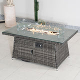 6-Seater Outdoor Rattan Fire Pit Table - Rectangular Garden Fire Pit with Tempered Glass Top & Glass Wind Guard