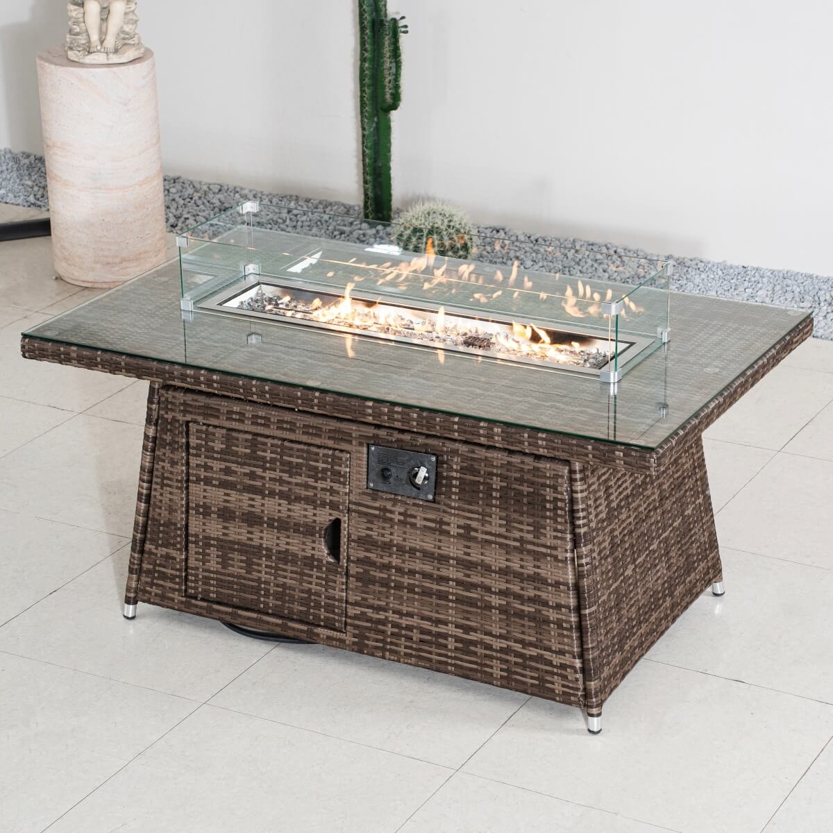 6-Seater Outdoor Rattan Fire Pit Table - Rectangular Garden Fire Pit with Tempered Glass Top & Glass Wind Guard