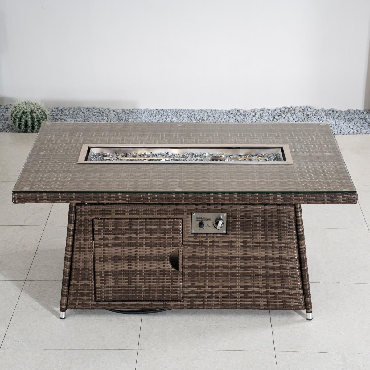6-Seater Outdoor Rattan Fire Pit Table - Rectangular Garden Fire Pit with Tempered Glass Top & Glass Wind Guard