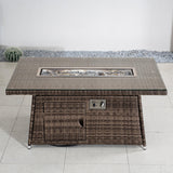 6-Seater Outdoor Rattan Fire Pit Table - Rectangular Garden Fire Pit with Tempered Glass Top & Glass Wind Guard