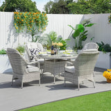 4 Seater Outdoor Rattan Dining Set - Round Garden Table with Tempered Glass Top & Parasol Hole