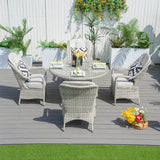 4 Seater Outdoor Rattan Dining Set - Round Garden Table with Tempered Glass Top & Parasol Hole