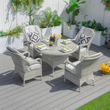 4 Seater Outdoor Rattan Dining Set - Round Garden Table with Tempered Glass Top & Parasol Hole