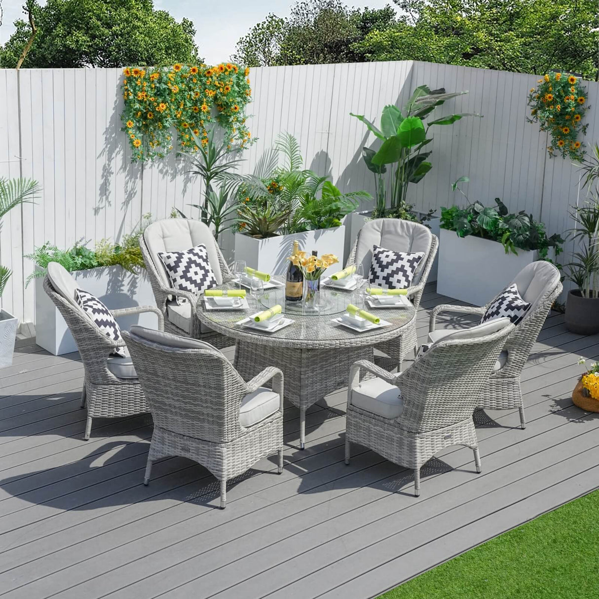 6 Seater Outdoor Rattan Dining Set - Round Table with Tempered Glass Top, Lazy Susan & Parasol Hole