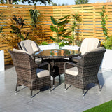 4 Seater Outdoor Rattan Dining Set - Round Garden Table with Tempered Glass Top & Parasol Hole