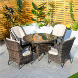 4 Seater Outdoor Rattan Dining Set - Round Garden Table with Tempered Glass Top & Parasol Hole