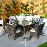 4 Seater Outdoor Rattan Dining Set - Round Garden Table with Tempered Glass Top & Parasol Hole