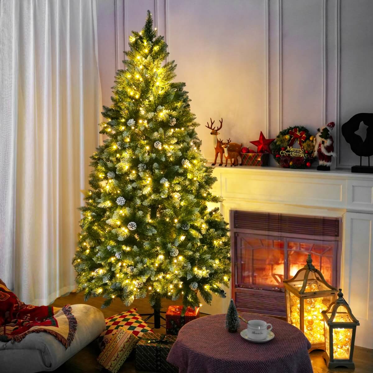 Snow Flocked Artificial Christmas Tree with Pine Cones - Full PVC Xmas Tree with 8-Mode Warm White LED Lights, 6ft/7ft