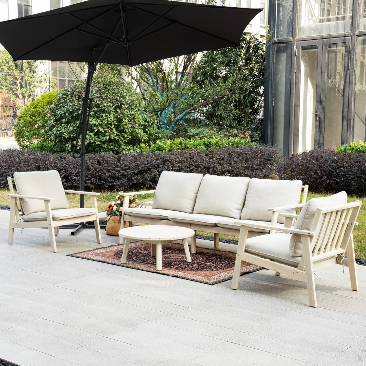 5-Seater Wooden Outdoor Furniture Set – Garden Sofa with Round Coffee Table