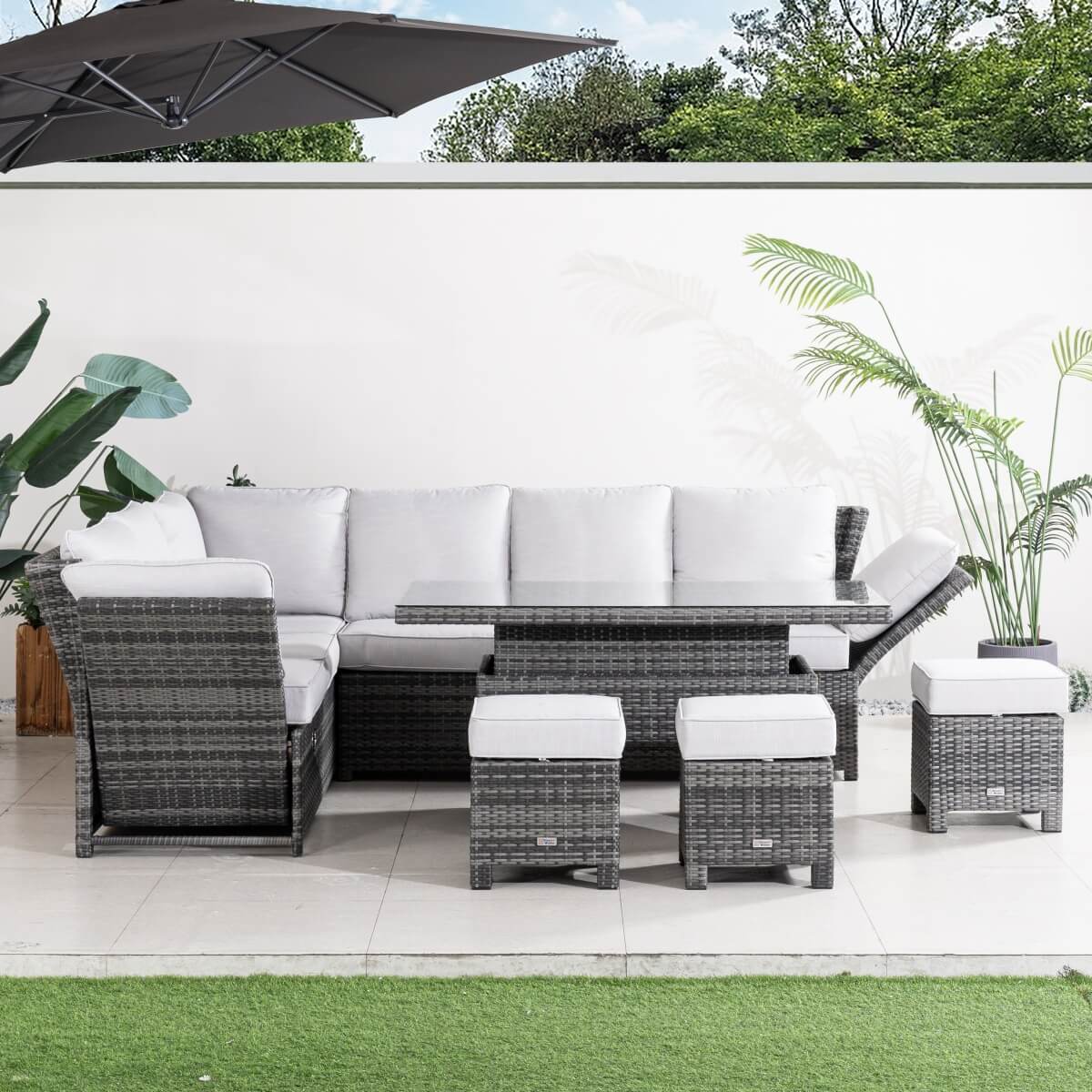 Premium Aluminium Modular Sofa Set - 9-Seater with Gas-Lift Armrests & Adjustable Table, Grey/Brown