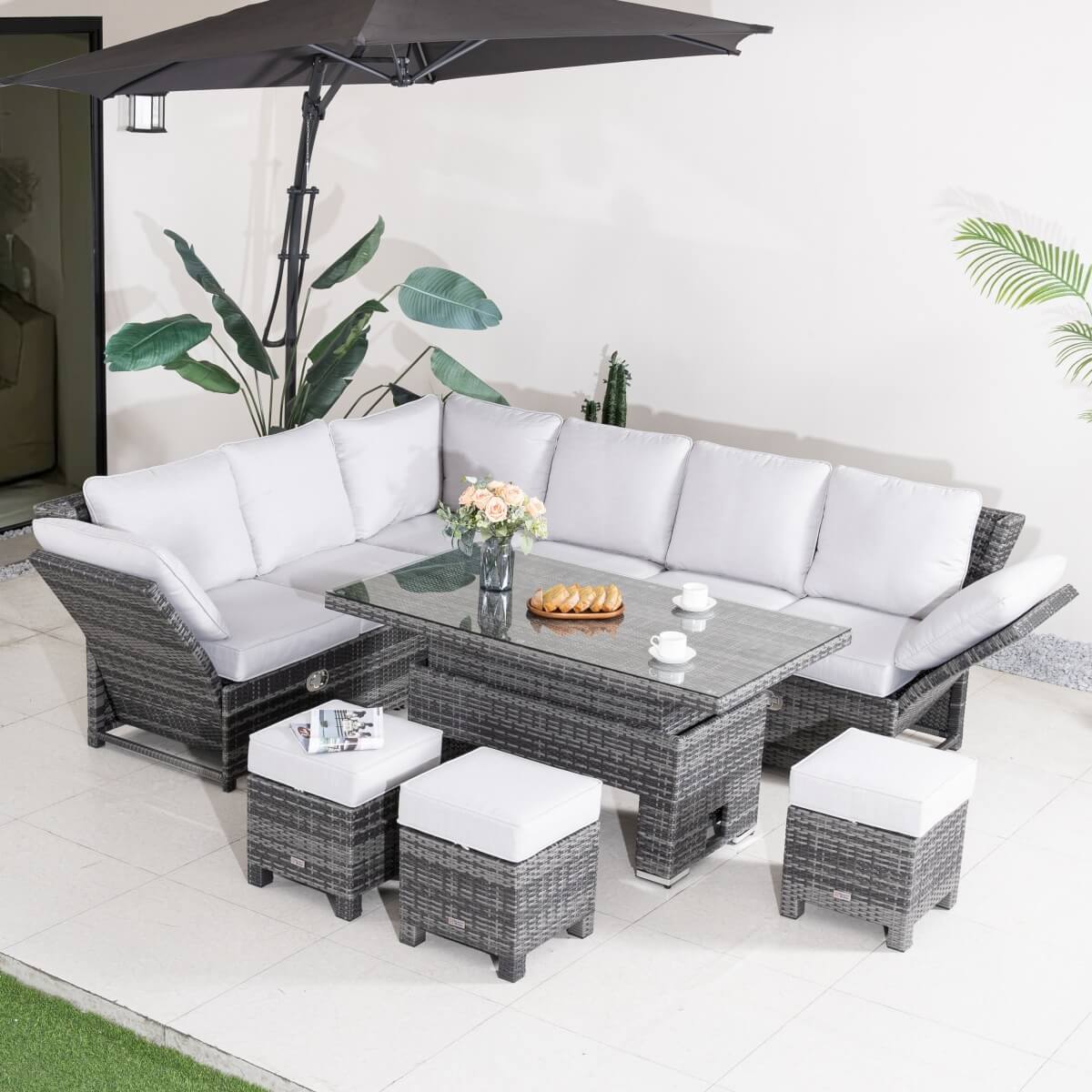 Premium Aluminium Modular Sofa Set - 9-Seater with Gas-Lift Armrests & Adjustable Table, Grey/Brown