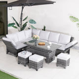 Premium Aluminium Modular Sofa Set - 9-Seater with Gas-Lift Armrests & Adjustable Table, Grey/Brown