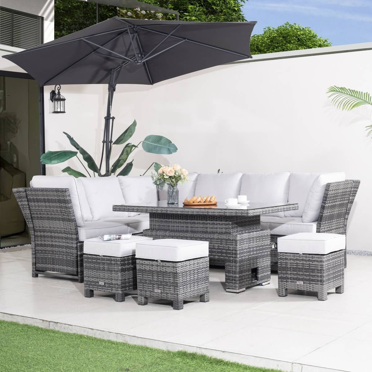 Premium Aluminium Modular Sofa Set - 9-Seater with Gas-Lift Armrests & Adjustable Table, Grey/Brown