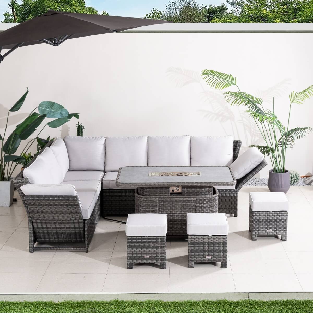 9-Seater Aluminium Fire Pit Sofa Set — Lift-Top Table with Adjustable Armrests