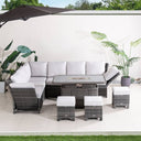 9-Seater Aluminium Fire Pit Sofa Set — Lift-Top Table with Adjustable Armrests