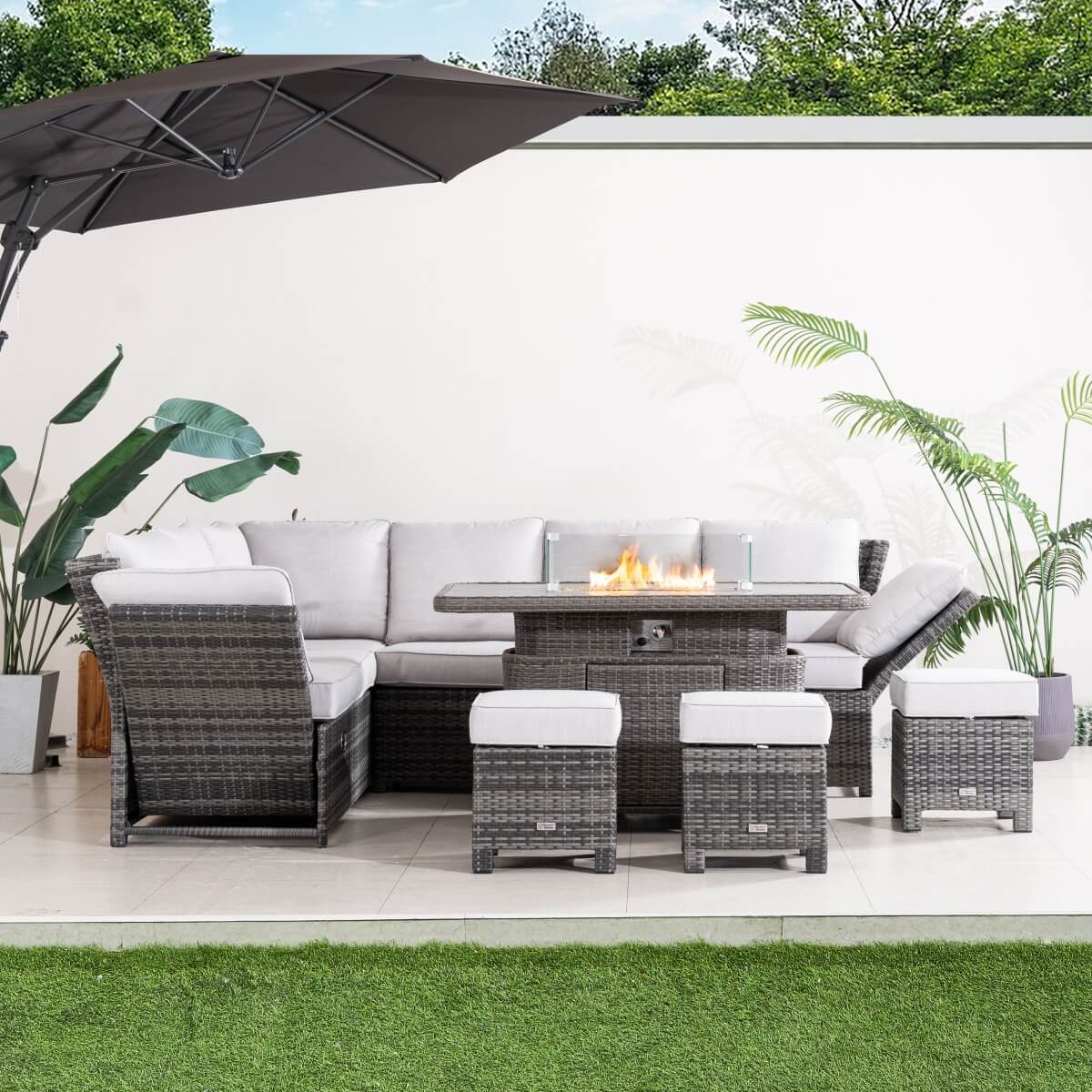 9-Seater Aluminium Fire Pit Sofa Set — Lift-Top Table with Adjustable Armrests