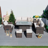 8 Seater Outdoor Rattan Sofa Set – Garden Lounge with Height Adjustable Fire Pit Table and Side Table with Built-In Storage