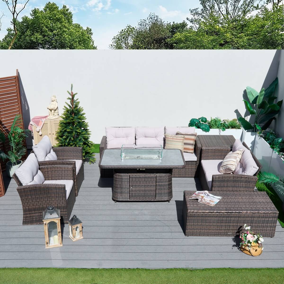 7 Seater Outdoor Rattan Fire Pit Sofa Set – Garden Lounge with Height Adjustable Fire Pit Table and 2 Storage Boxes