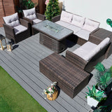 7 Seater Outdoor Rattan Fire Pit Sofa Set – Garden Lounge with Height Adjustable Fire Pit Table and 2 Storage Boxes