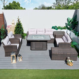 7 Seater Outdoor Rattan Fire Pit Sofa Set – Garden Lounge with Height Adjustable Fire Pit Table and 2 Storage Boxes