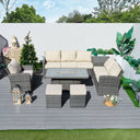 8 Seater Outdoor Rattan Sofa Set – Garden Lounge with Height Adjustable Fire Pit Table and Side Table with Built-In Storage
