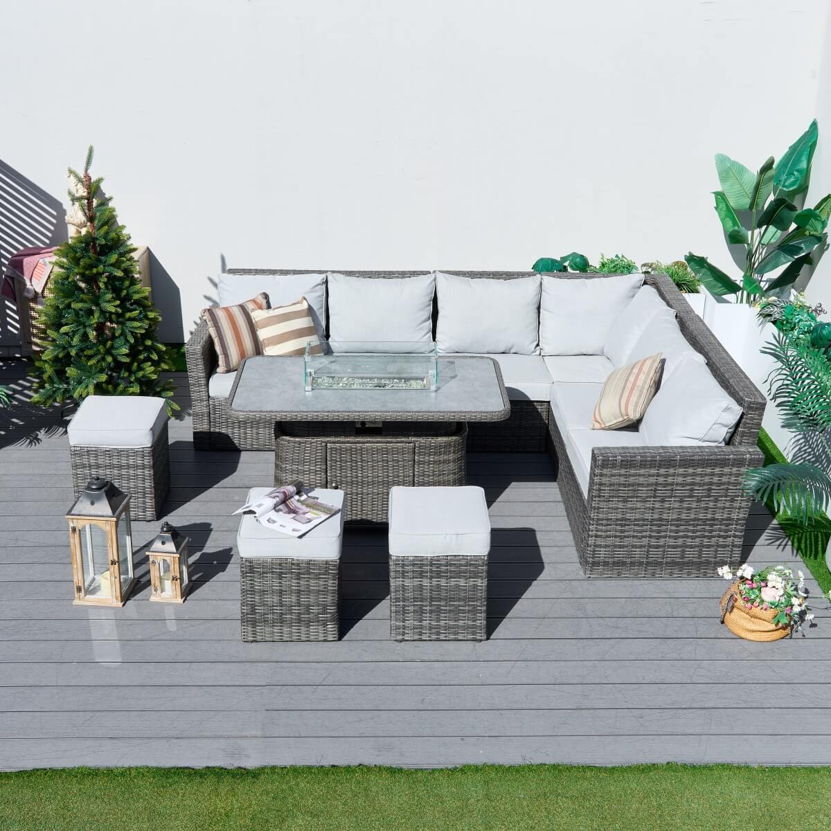 9-Seater Outdoor Corner Sofa Set with Lift-Top Fire Pit Table