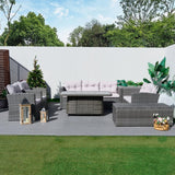 7 Seater Outdoor Rattan Fire Pit Sofa Set – Garden Lounge with Height Adjustable Fire Pit Table and 2 Storage Boxes