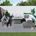 7 Seater Outdoor Rattan Fire Pit Sofa Set – Garden Lounge with Height Adjustable Fire Pit Table and 2 Storage Boxes