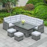 8-Piece PE Rattan Aluminum Corner Conversation Sofa Set with Adjustable Lift Table PAS-16002B-SET