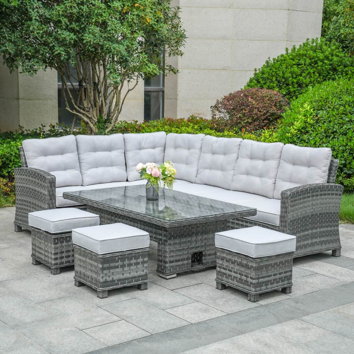 8-Piece PE Rattan Aluminum Corner Conversation Sofa Set with Adjustable Lift Table PAS-16002B-SET