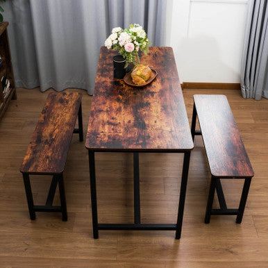 3-Piece Brown Dining Table and Bench Set with Compact Design - PAD-24612D