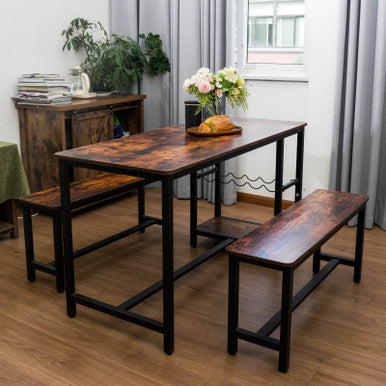 3-Piece Brown Dining Table and Bench Set with Compact Design - PAD-24612D