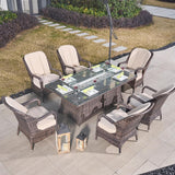 6-Seater Outdoor Fire Pit Dining Set – Rectangle Fire Pit Table for Garden and Patio
