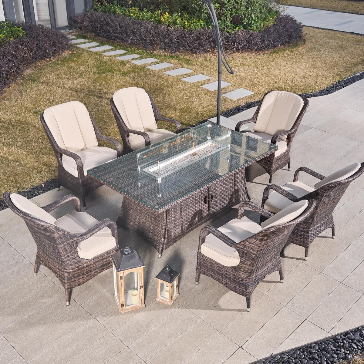 6-Seater Outdoor Fire Pit Dining Set – Rectangle Fire Pit Table for Garden and Patio