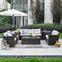 Outdoor patio set with furniture and accessories on a patio