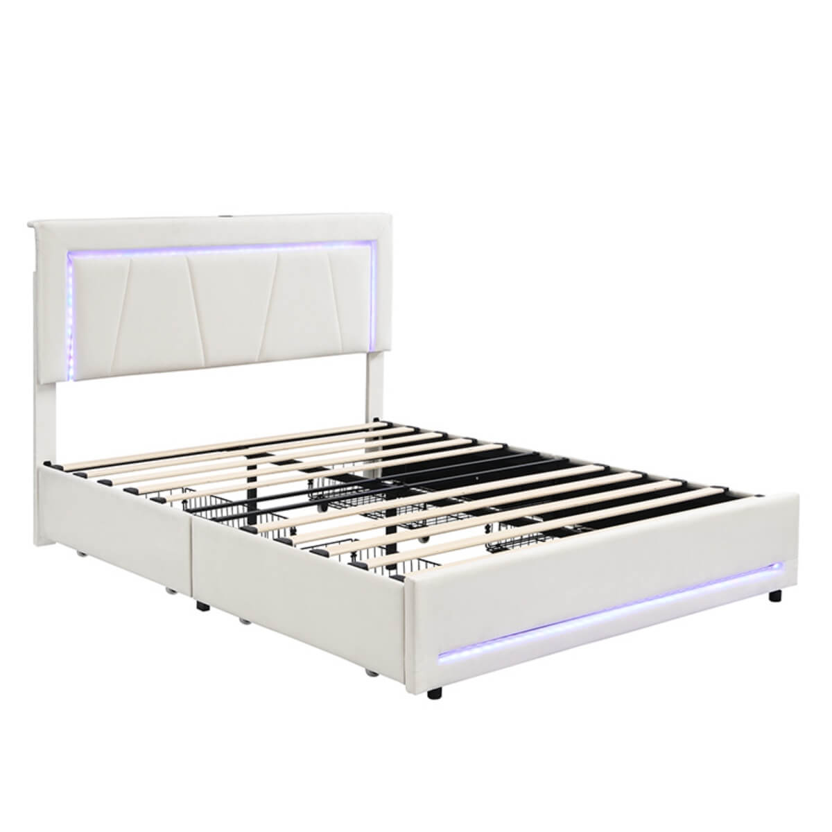 4ft6 Double Upholstered Storage Bed with LED Light Strips & USB Type-C Charging - Velvet Bed Frame with 4 Wheeled Drawers, Soft Backrest & Slatted Base, Grey