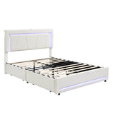 4ft6 Double Upholstered Storage Bed with LED Light Strips & USB Type-C Charging - Velvet Bed Frame with 4 Wheeled Drawers, Soft Backrest & Slatted Base, Grey