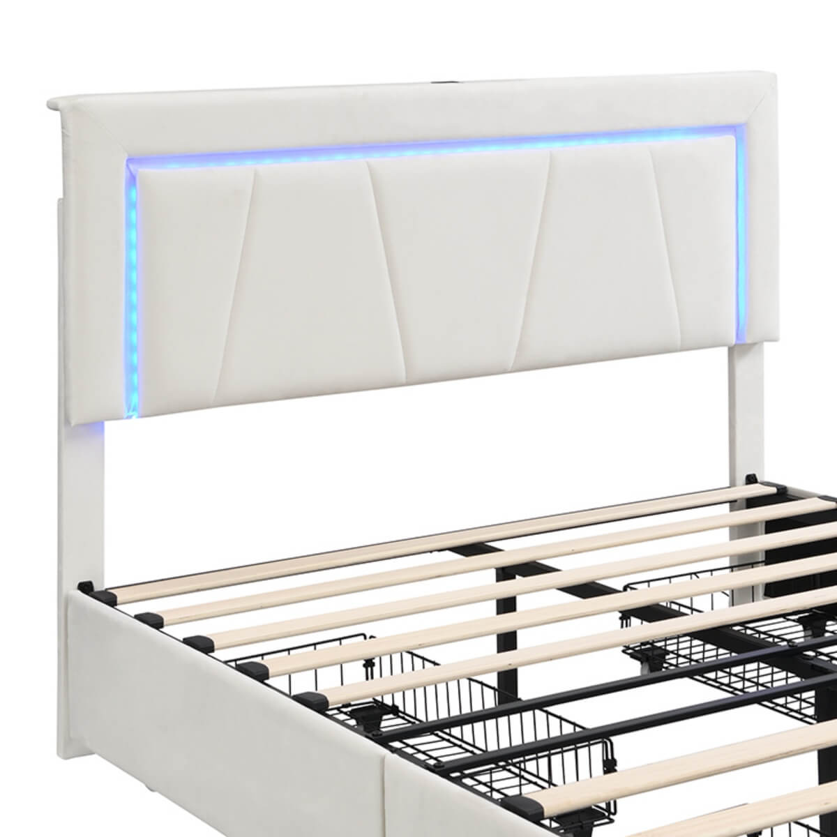 4ft6 Double Upholstered Storage Bed with LED Light Strips & USB Type-C Charging - Velvet Bed Frame with 4 Wheeled Drawers, Soft Backrest & Slatted Base, Grey