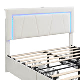 4ft6 Double Upholstered Storage Bed with LED Light Strips & USB Type-C Charging - Velvet Bed Frame with 4 Wheeled Drawers, Soft Backrest & Slatted Base, Grey