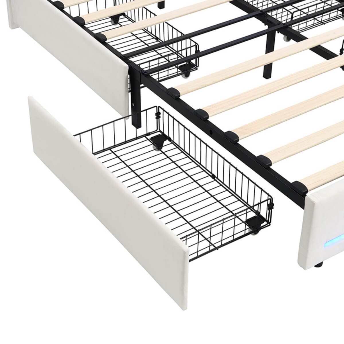 4ft6 Double Upholstered Storage Bed with LED Light Strips & USB Type-C Charging - Velvet Bed Frame with 4 Wheeled Drawers, Soft Backrest & Slatted Base, Grey