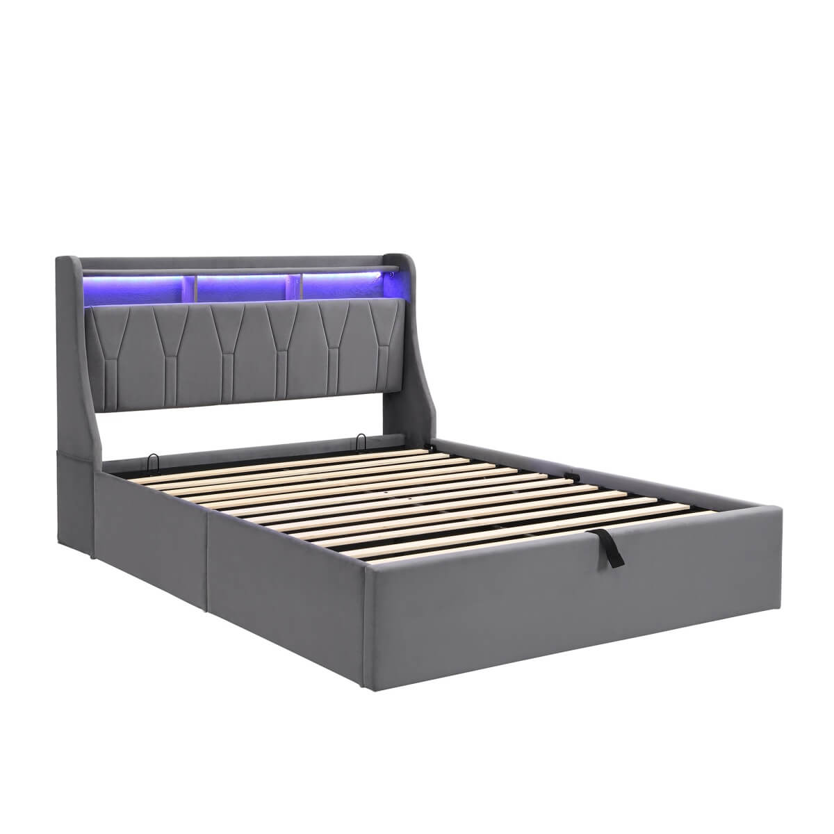 4ft6 Double Upholstered Bed with Hydraulic Storage & LED Lighting - Velvet Bed Frame with Plywood Base, Sturdy & Durable, Grey