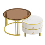 2-in-1 Round Coffee Table Set with Side Table - High Gloss MDF Top, Brown Tempered Glass Top and 2 Storage Drawers