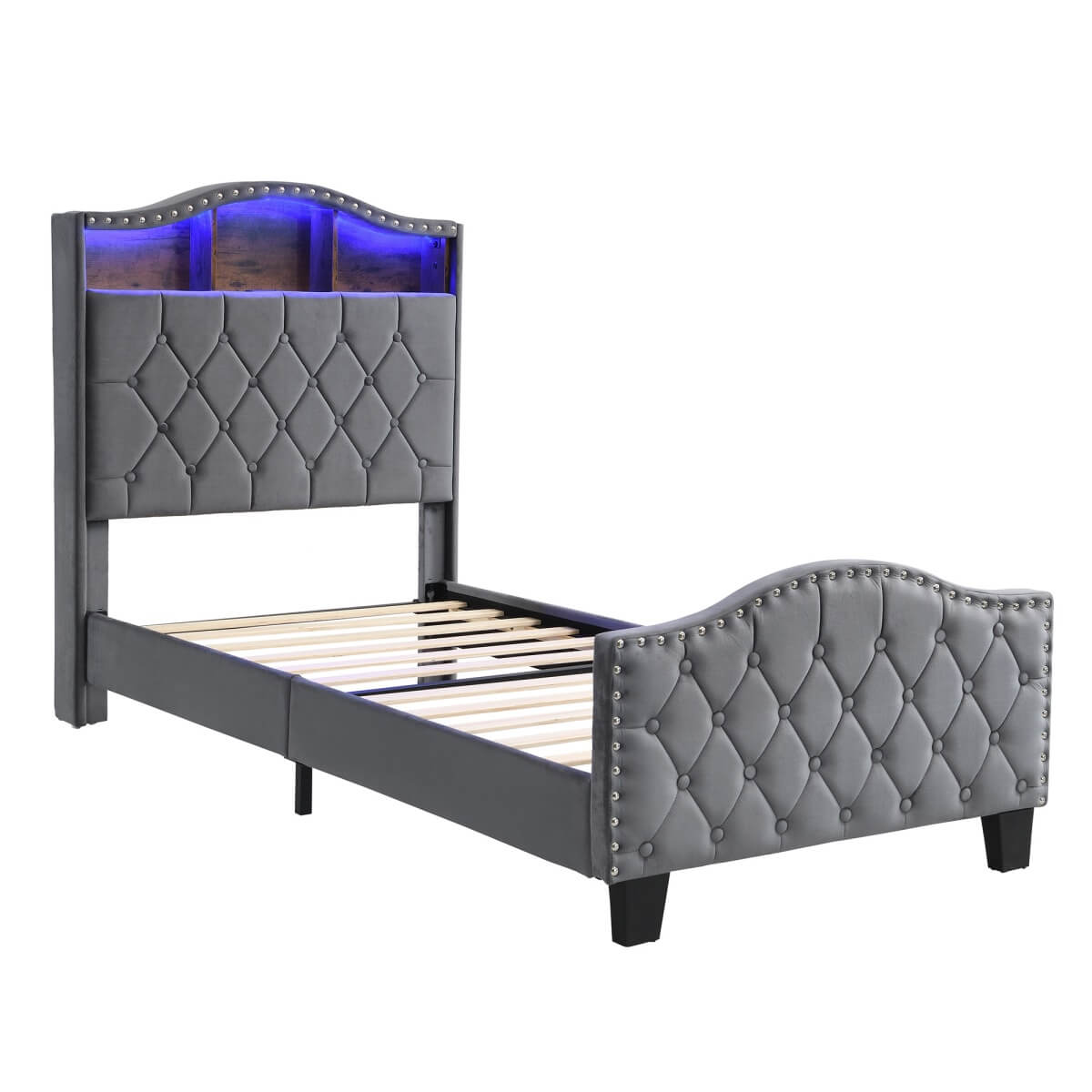 3ft Velvet Upholstered Storage Bed with LED Light Strip - Single Bed with Slatted Base, Grey