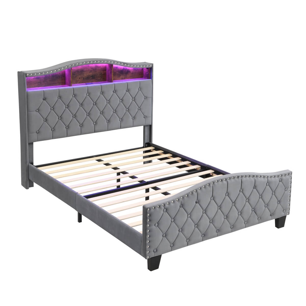 4ft6 Velvet Upholstered Storage Bed with LED Light Strip - Double Bed with Slatted Base, Grey