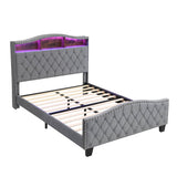 4ft6 Velvet Upholstered Storage Bed with LED Light Strip - Double Bed with Slatted Base, Grey