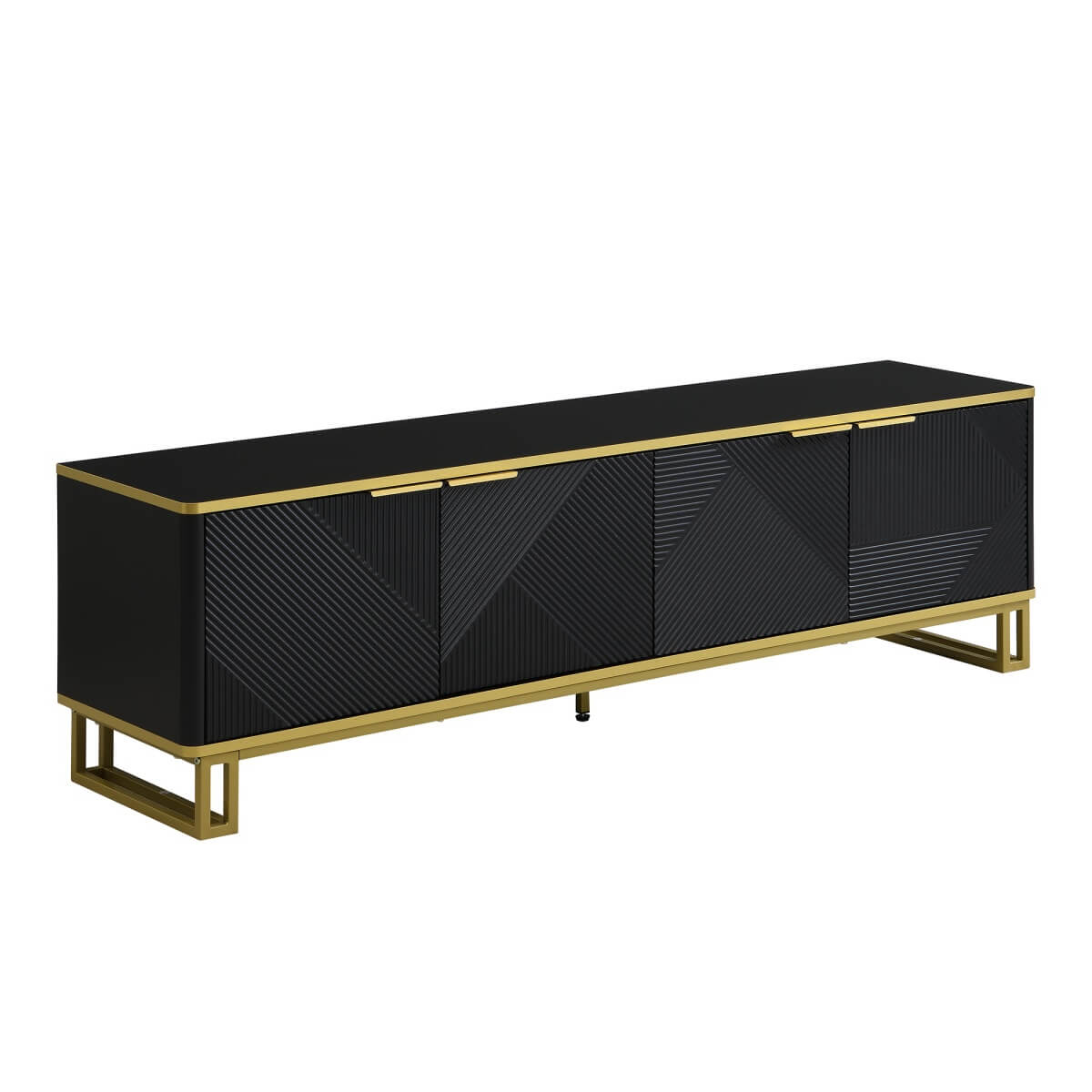 Modern TV Cabinet with 4 Doors - Geometric Texture TV Stand & Media Console, Black