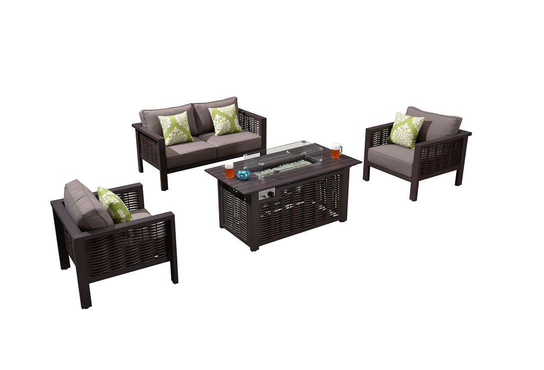 4 Seater Garden Fire Pit Sofa Set - Outdoor Rattan Sofa with Square Fire Pit Table