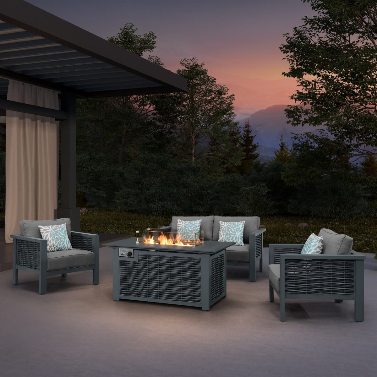 4 Seater Garden Fire Pit Sofa Set - Outdoor Rattan Sofa with Square Fire Pit Table