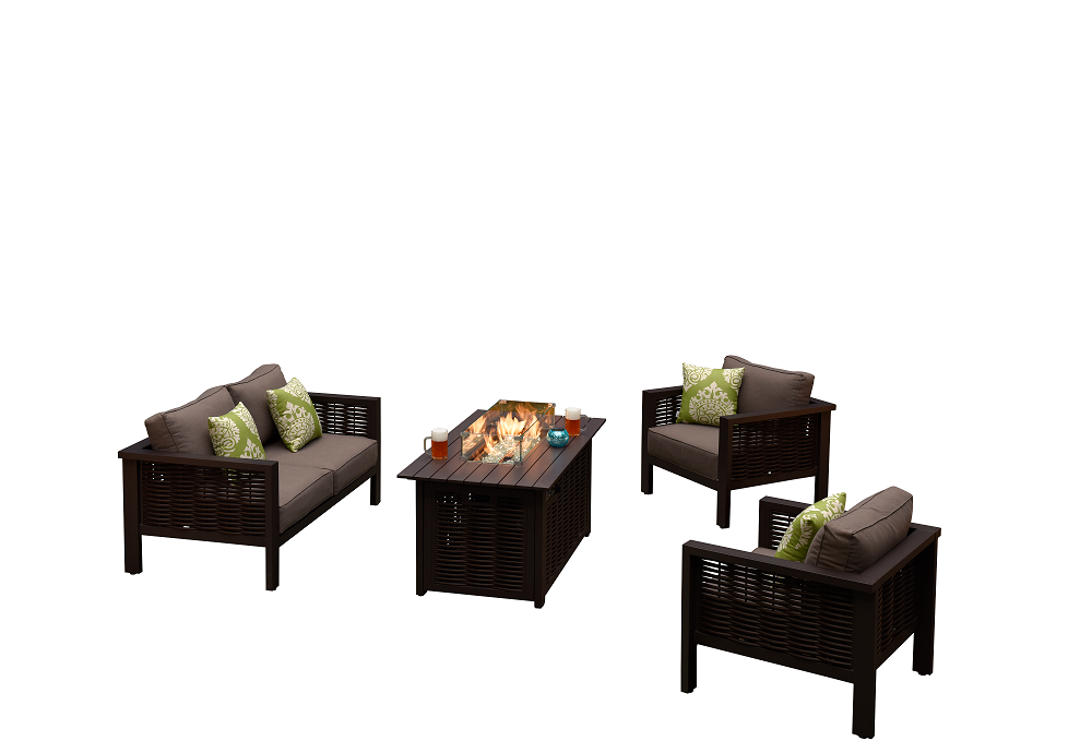 4 Seater Garden Fire Pit Sofa Set - Outdoor Rattan Sofa with Square Fire Pit Table